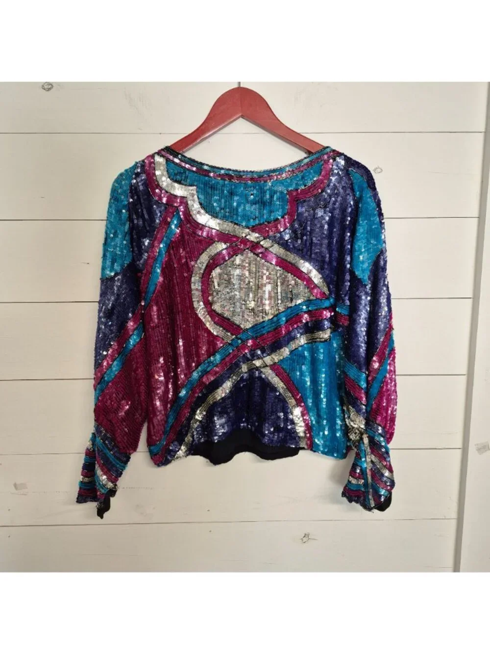 Vintage 70s Sitara Colorful Sequin Silk Blouse Top Long Sleeve - Picture 5 of 8